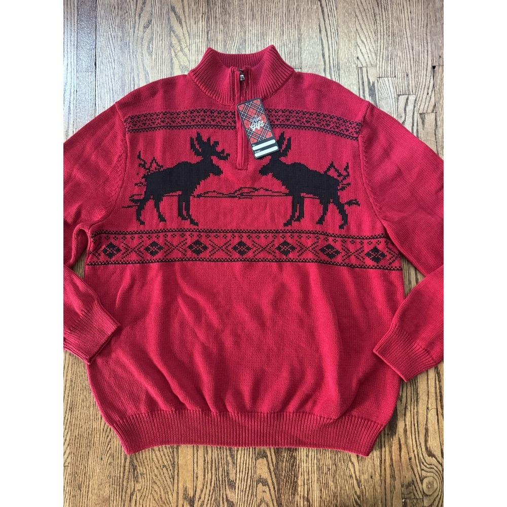 CHAPS Mens XL Moose Fair Isle Sweater Red Black 1/4 Zip Christmas Holiday NWT